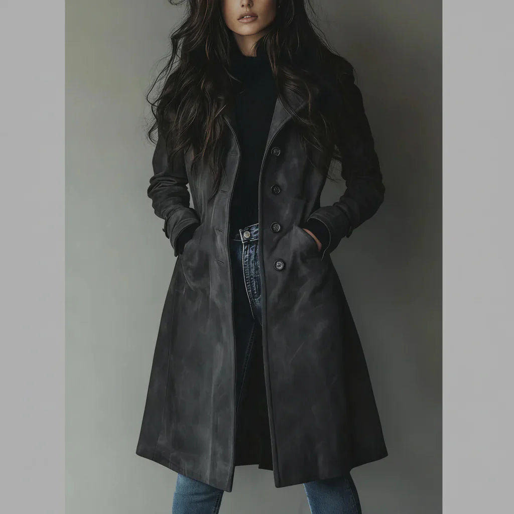 Damen-Langer Trenchcoat aus Wildleder mit Knopfleiste für Herbst und Winter