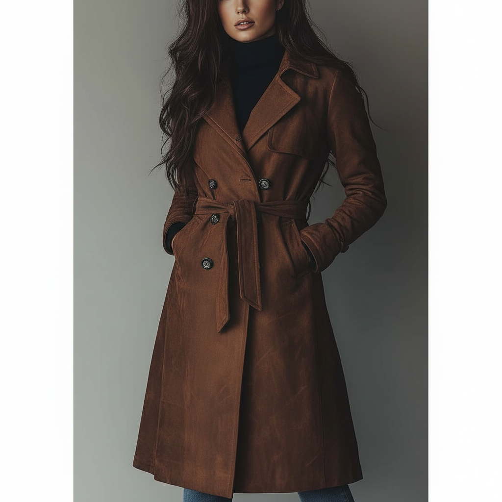 Damen-Langer Trenchcoat aus Wildleder mit Knopfleiste für Herbst und Winter