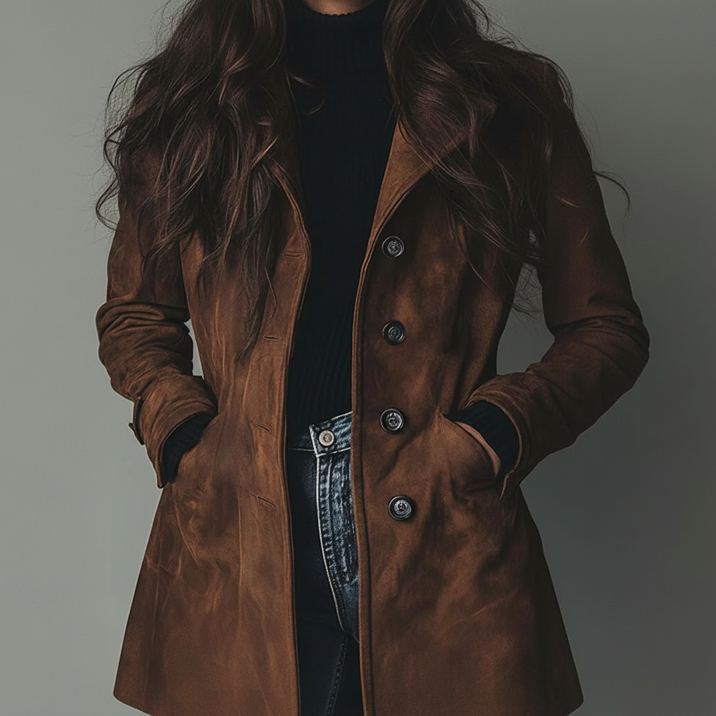 Damen-Langer Trenchcoat aus Wildleder mit Knopfleiste für Herbst und Winter