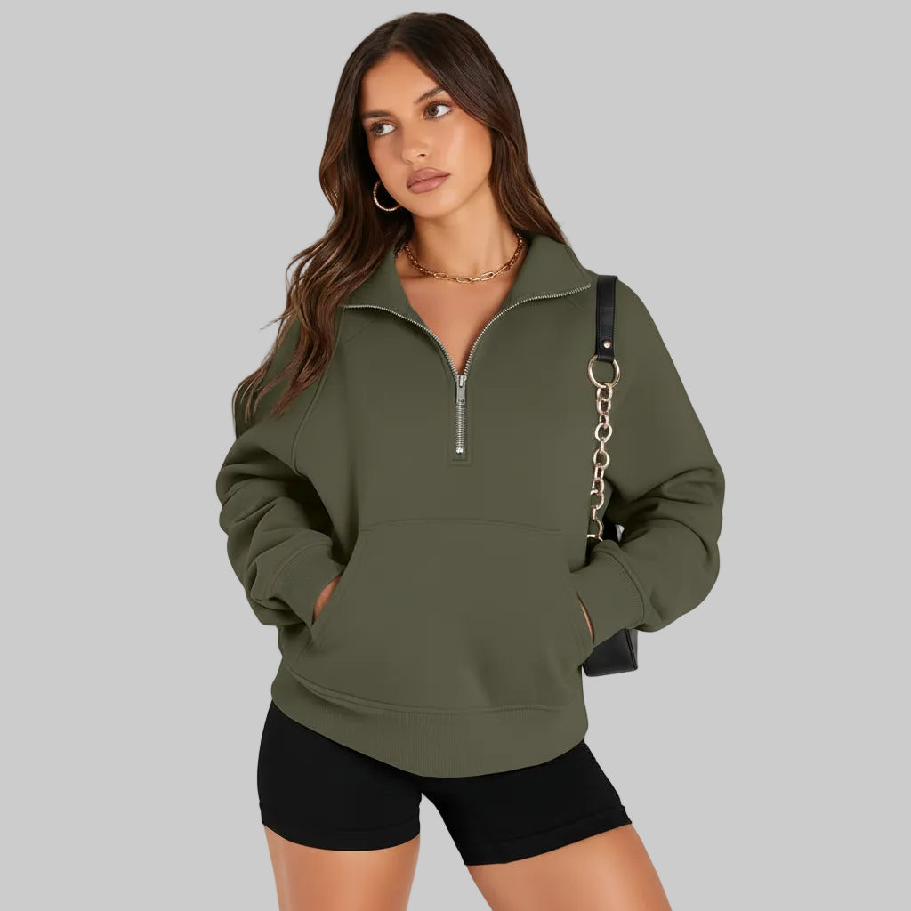 Dame Cropped Fleece Sweatshirt med Halv Lynlås til Hverdagsvarme