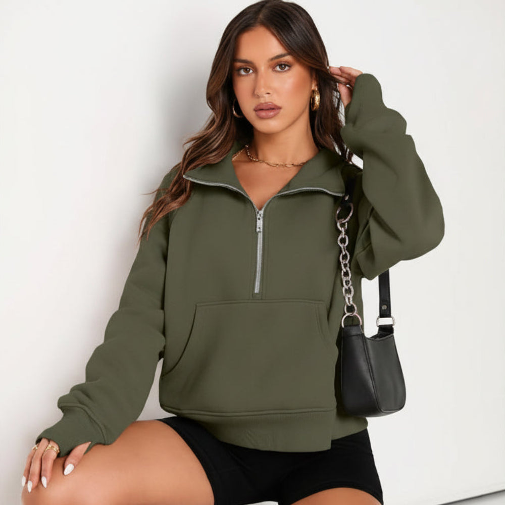 Dame Cropped Fleece Sweatshirt med Halv Lynlås til Hverdagsvarme