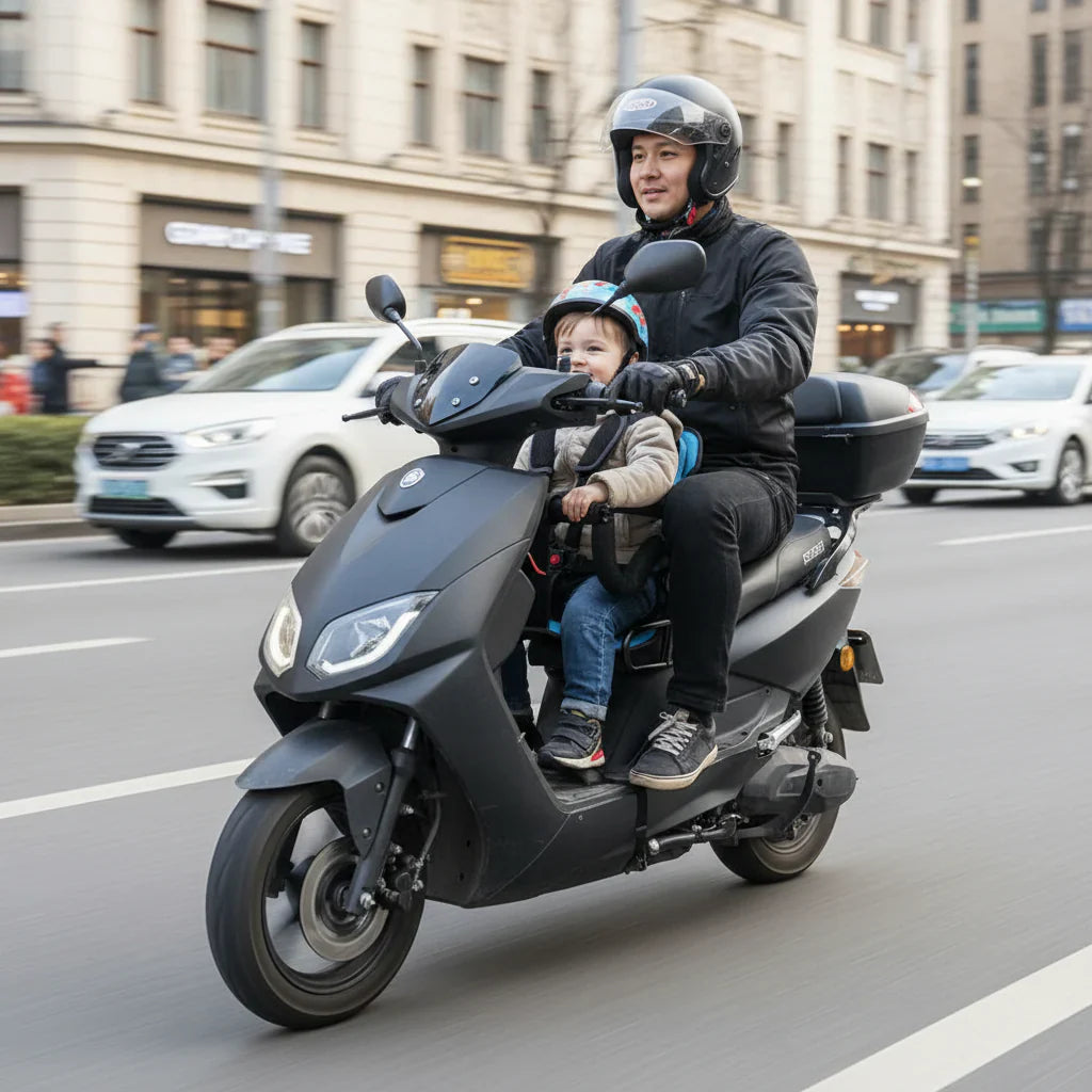 Child Motorcycle Seat With Foldable Guardrail And Rear Support