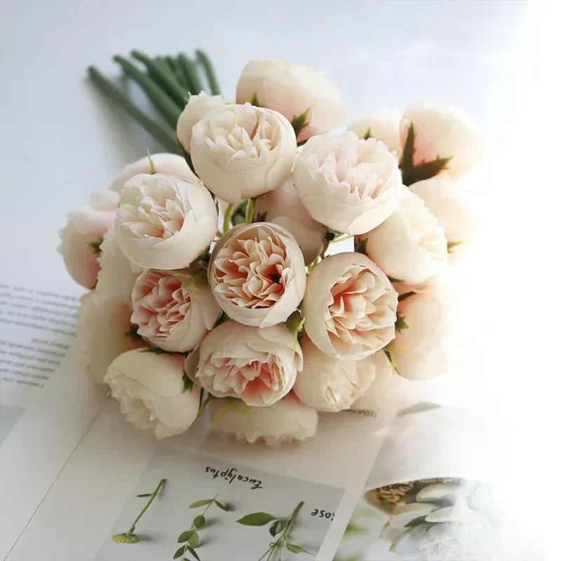 Silk Peony Bouquet With 27 Multicolor Blooms, Elegant Decor