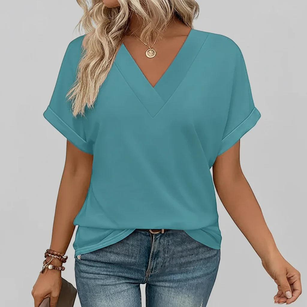 Top feminino leve com decote em V e mangas curtas para o verão