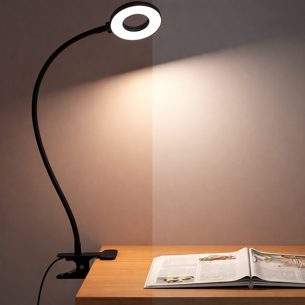 Clip On Desk Lamp With Flexible Gooseneck And Reading Light LED Three Color Modes
