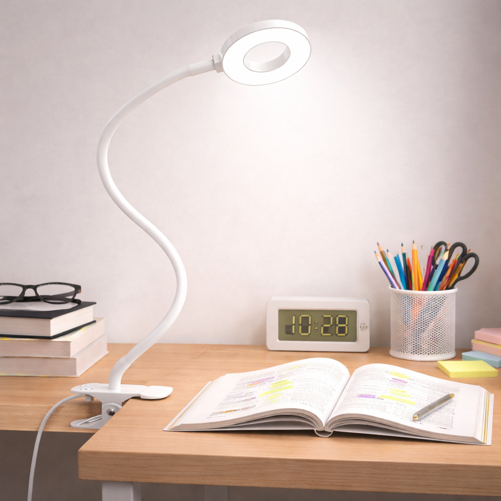 Clip On Desk Lamp With Flexible Gooseneck And Reading Light LED Three Color Modes