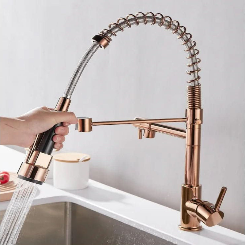 エアロフロー モダン ダブルスパウト キッチン水栓 ブラック＆ゴールド仕上げ