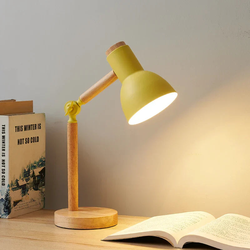 Nordic Wooden Desk Lamp With Adjustable Head And Colorful Shade