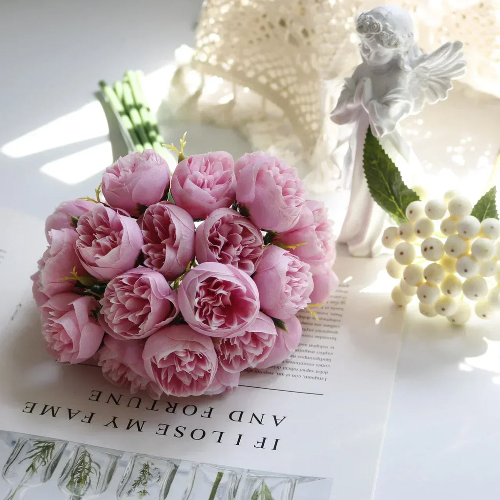 Silk Peony Bouquet With 27 Multicolor Blooms, Elegant Decor