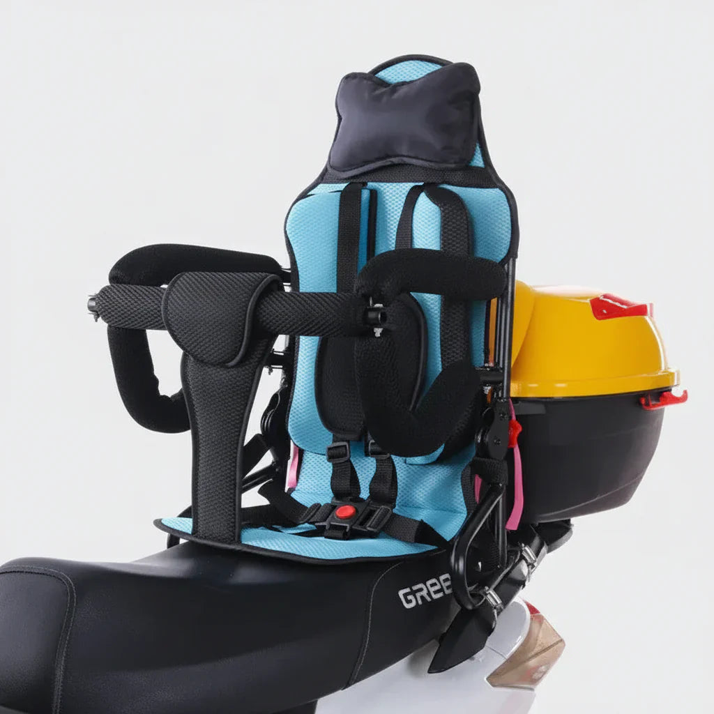 Child Motorcycle Seat With Foldable Guardrail And Rear Support