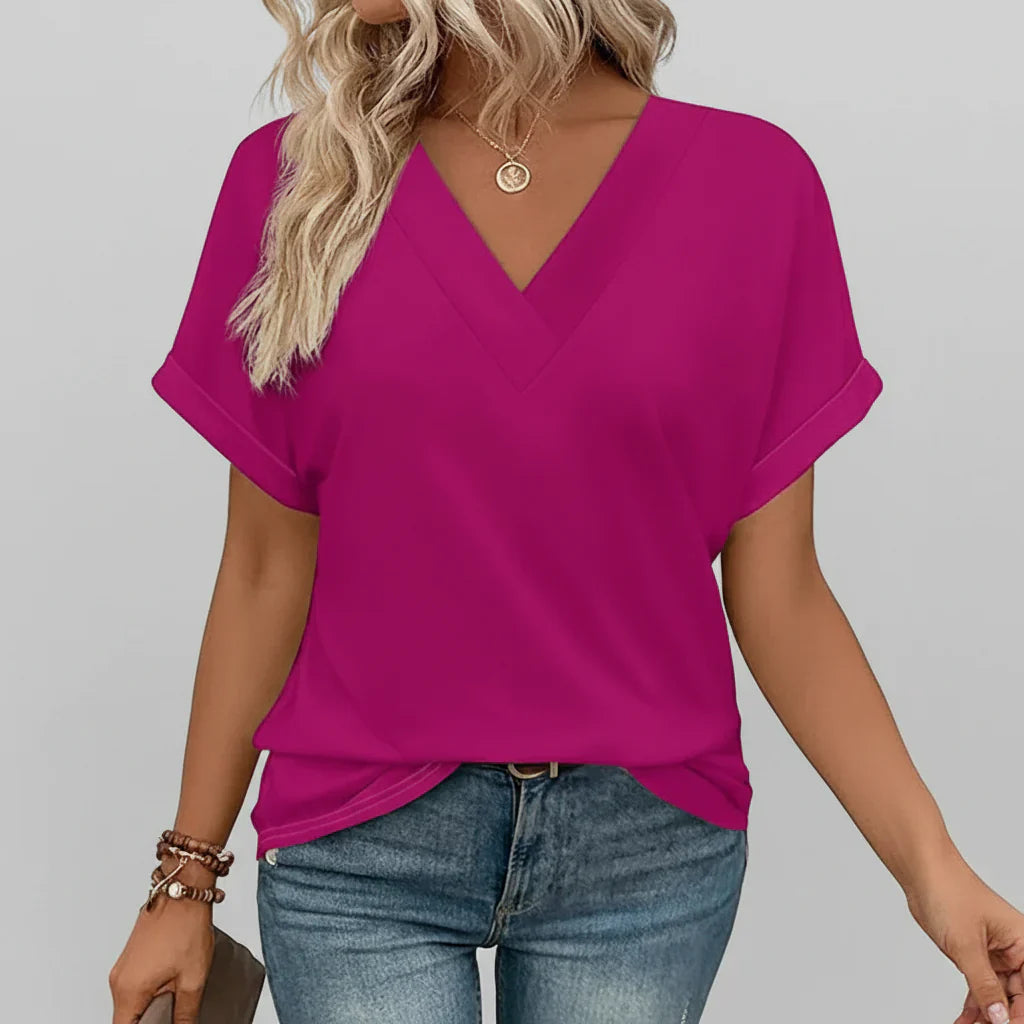 Top feminino leve com decote em V e mangas curtas para o verão