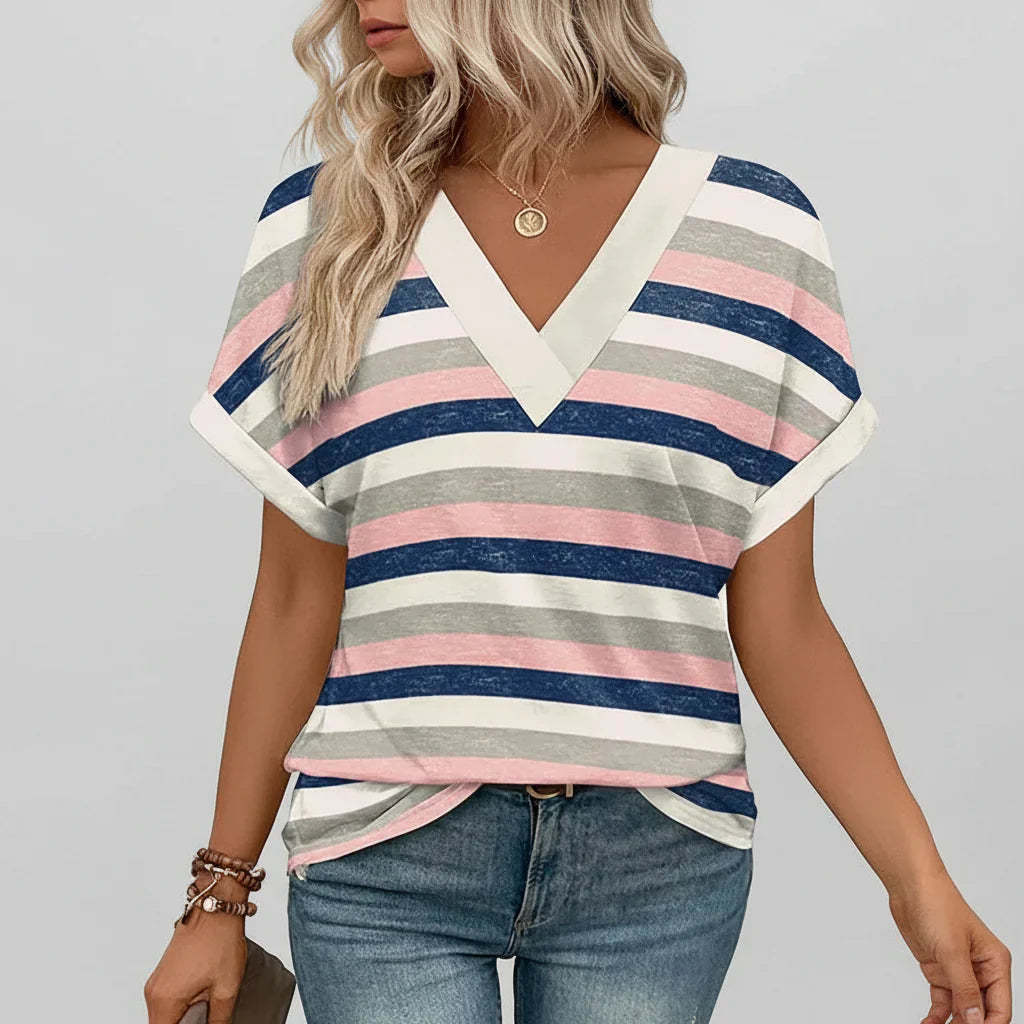 Top feminino leve com decote em V e mangas curtas para o verão