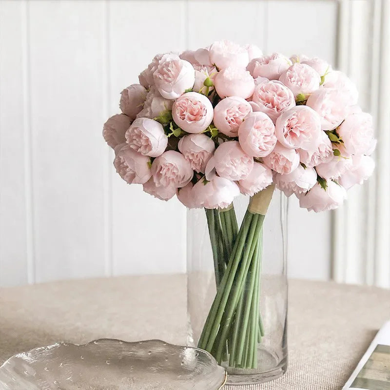 Silk Peony Bouquet With 27 Multicolor Blooms, Elegant Decor