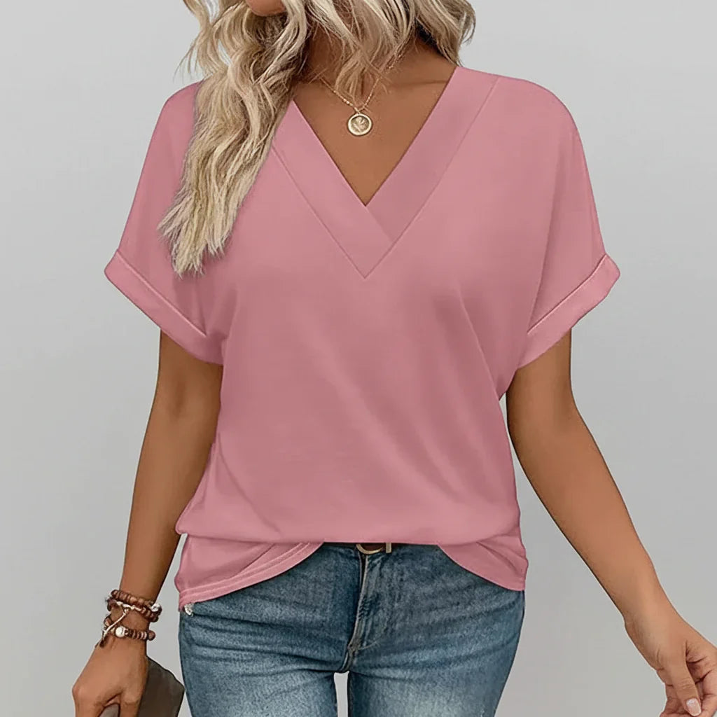 Top feminino leve com decote em V e mangas curtas para o verão
