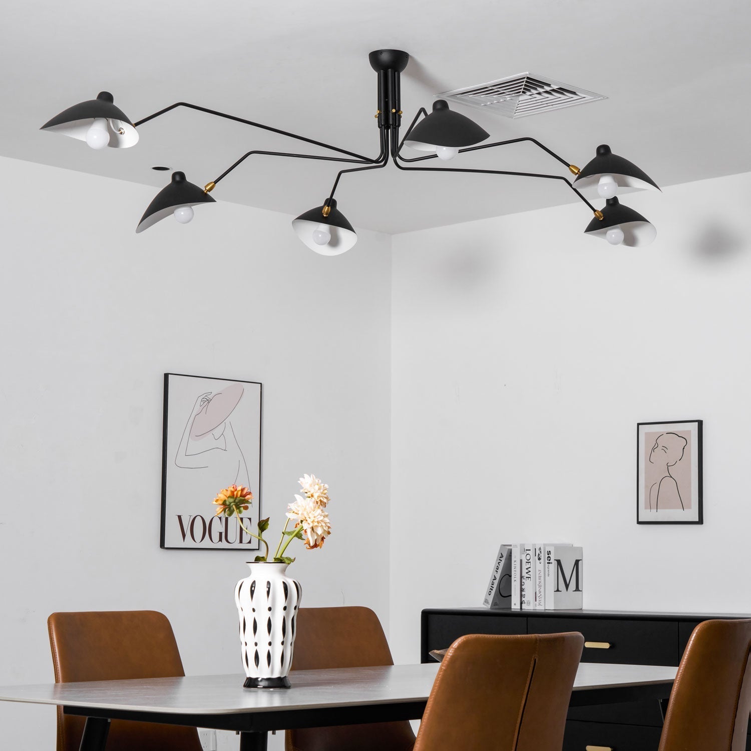 Spider Ceiling Lamp With Three Adjustable Brass Arms, Mid-Century Modern Fixture