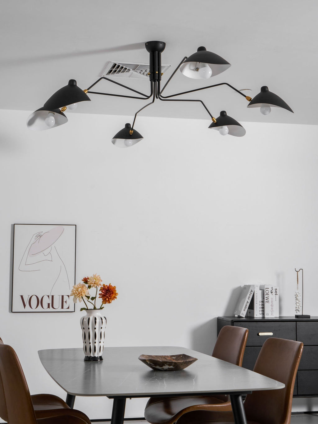Spider Ceiling Lamp With Three Adjustable Brass Arms, Mid-Century Modern Fixture