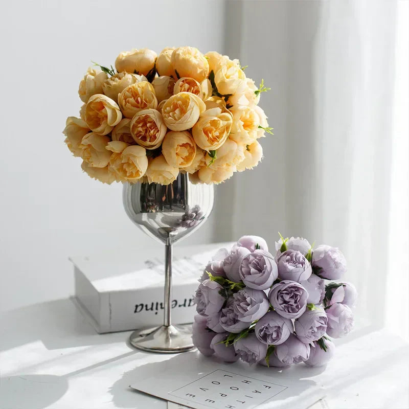 Silk Peony Bouquet With 27 Multicolor Blooms, Elegant Decor