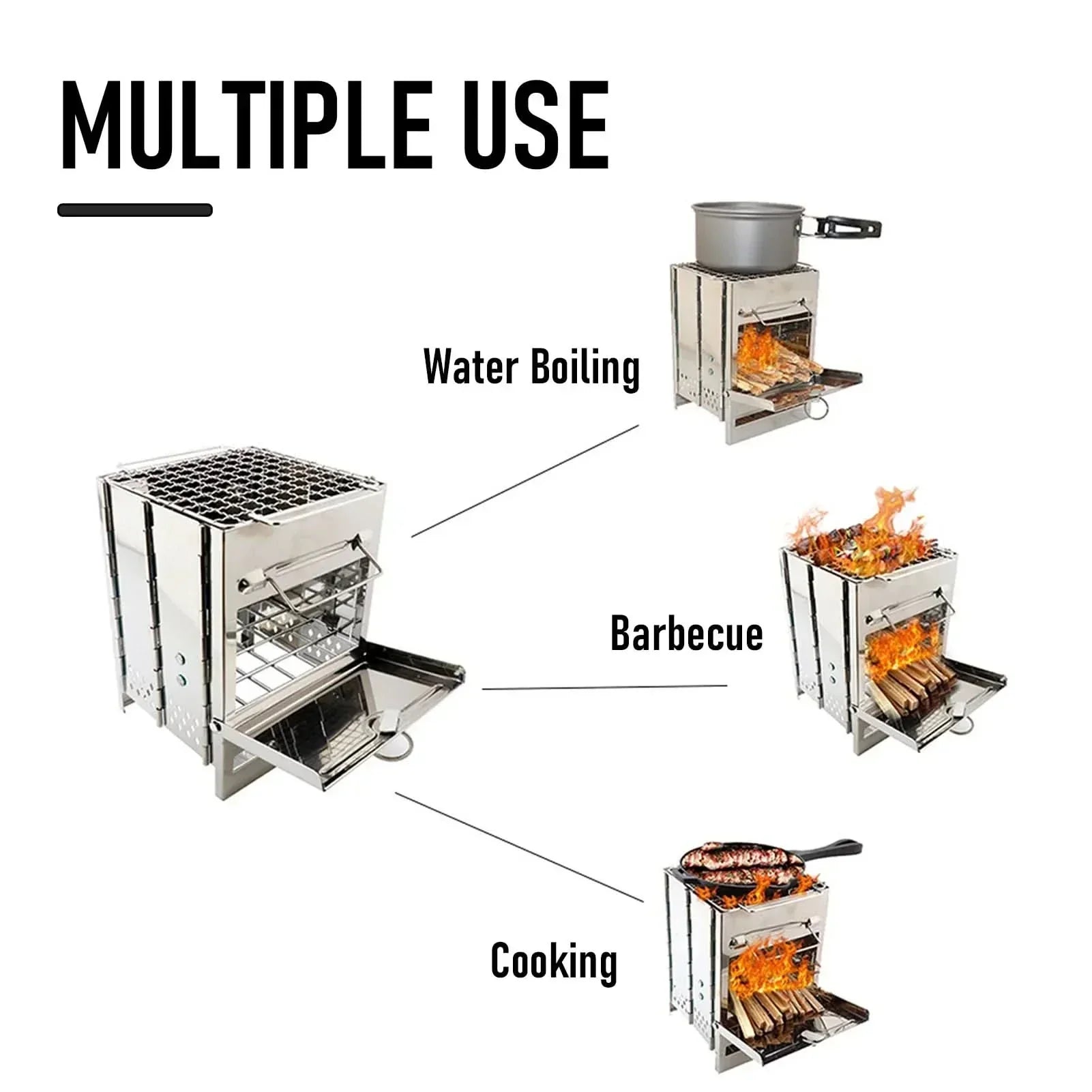 Réchaud pliable TrailForge en bois Cuisinière portable en acier inoxydable