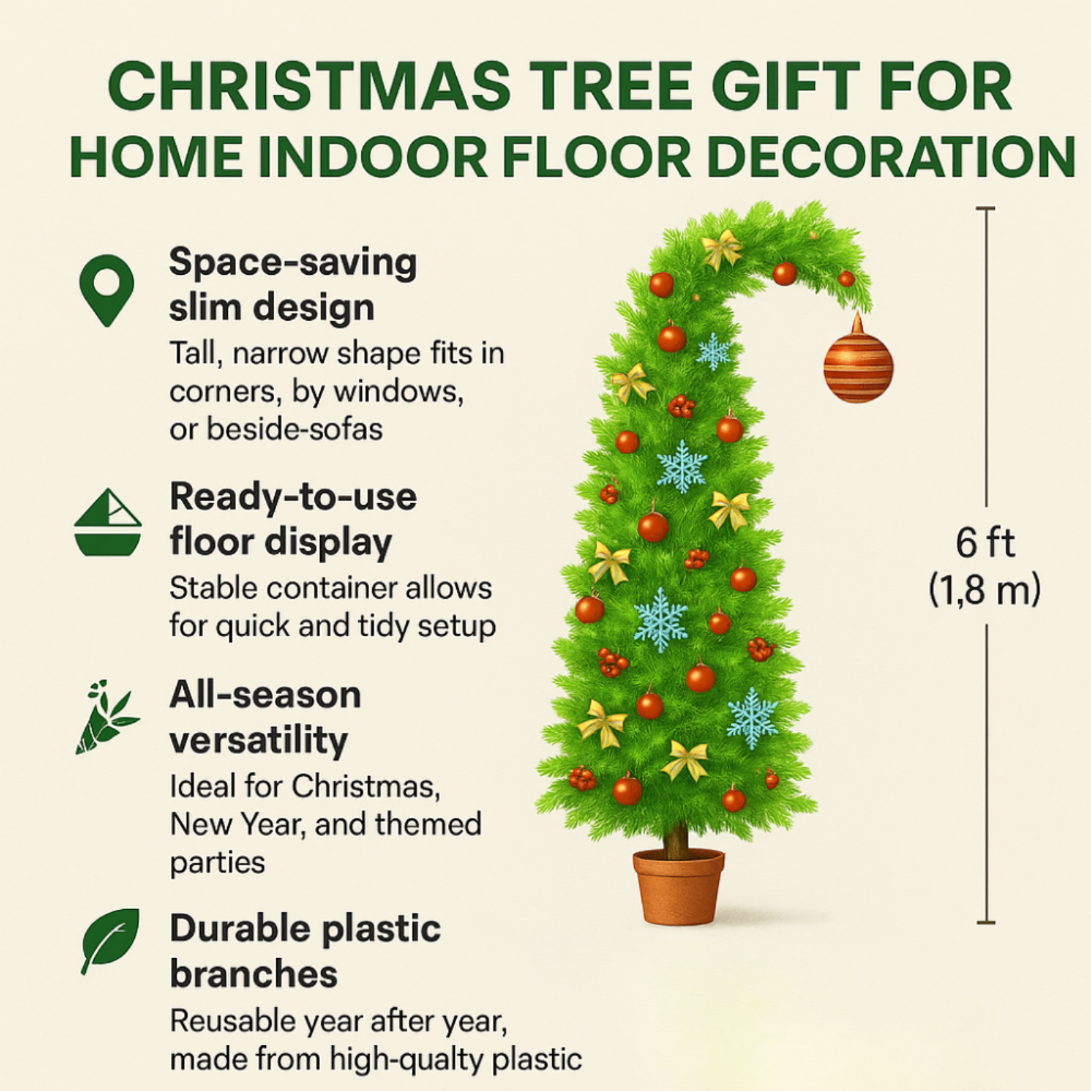 Eleganter schlanker künstlicher Weihnachtsbaum für die Bodenpräsentation zu Hause