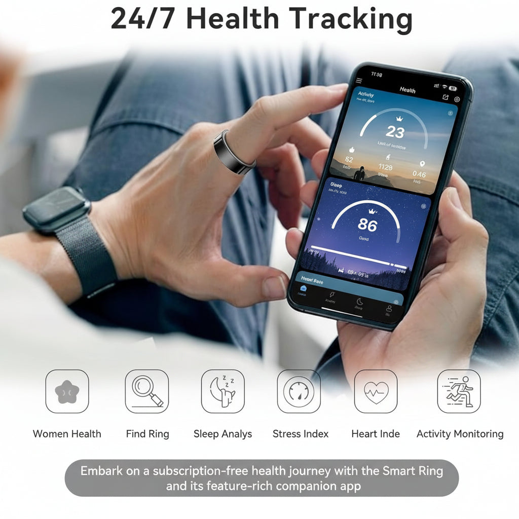 Vedenpitävä älysormus terveysmonitorilla, unenseurannalla ja kuntoilutiedoilla