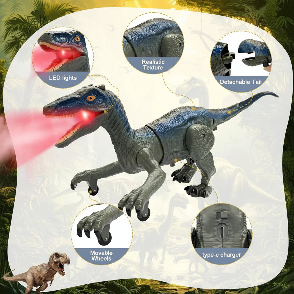 Velociraptor RC -dinosauruslelu valoilla, äänillä ja suihkutoiminnolla