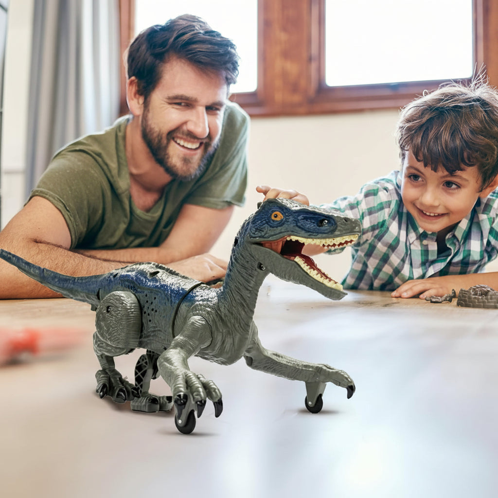 Velociraptor RC -dinosauruslelu valoilla, äänillä ja suihkutoiminnolla