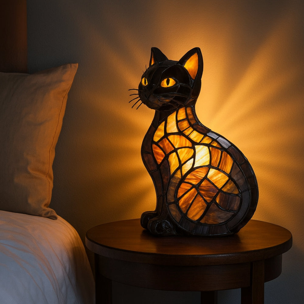Kat natlampe med bordlampe i glasmaleri-stil til hyggelig stemning