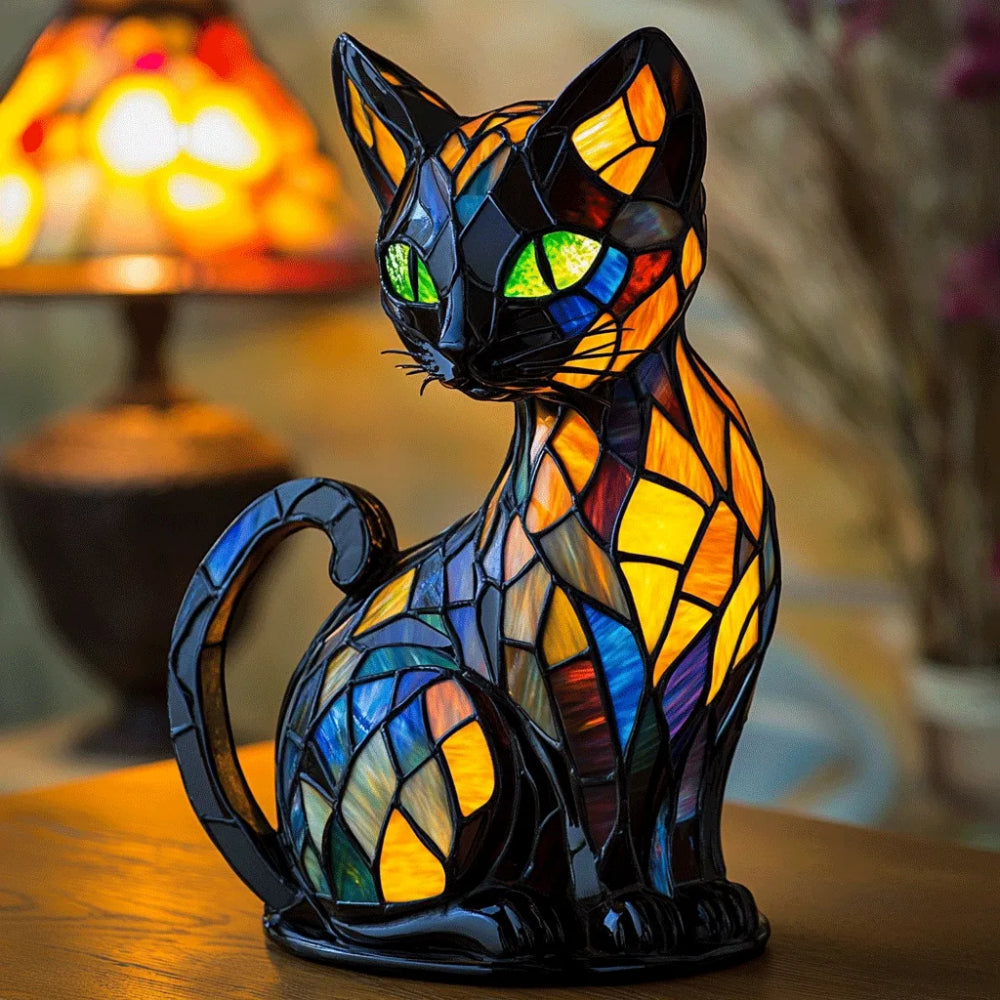 Kat natlampe med bordlampe i glasmaleri-stil til hyggelig stemning