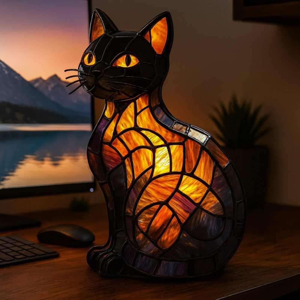 Kat natlampe med bordlampe i glasmaleri-stil til hyggelig stemning