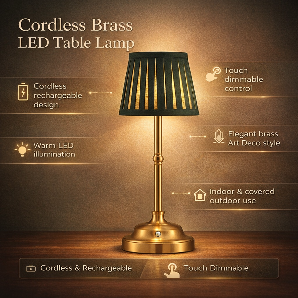 Kabellose Messing-LED-Tischlampe mit Touch-Dimmung und wiederaufladbarem Akku