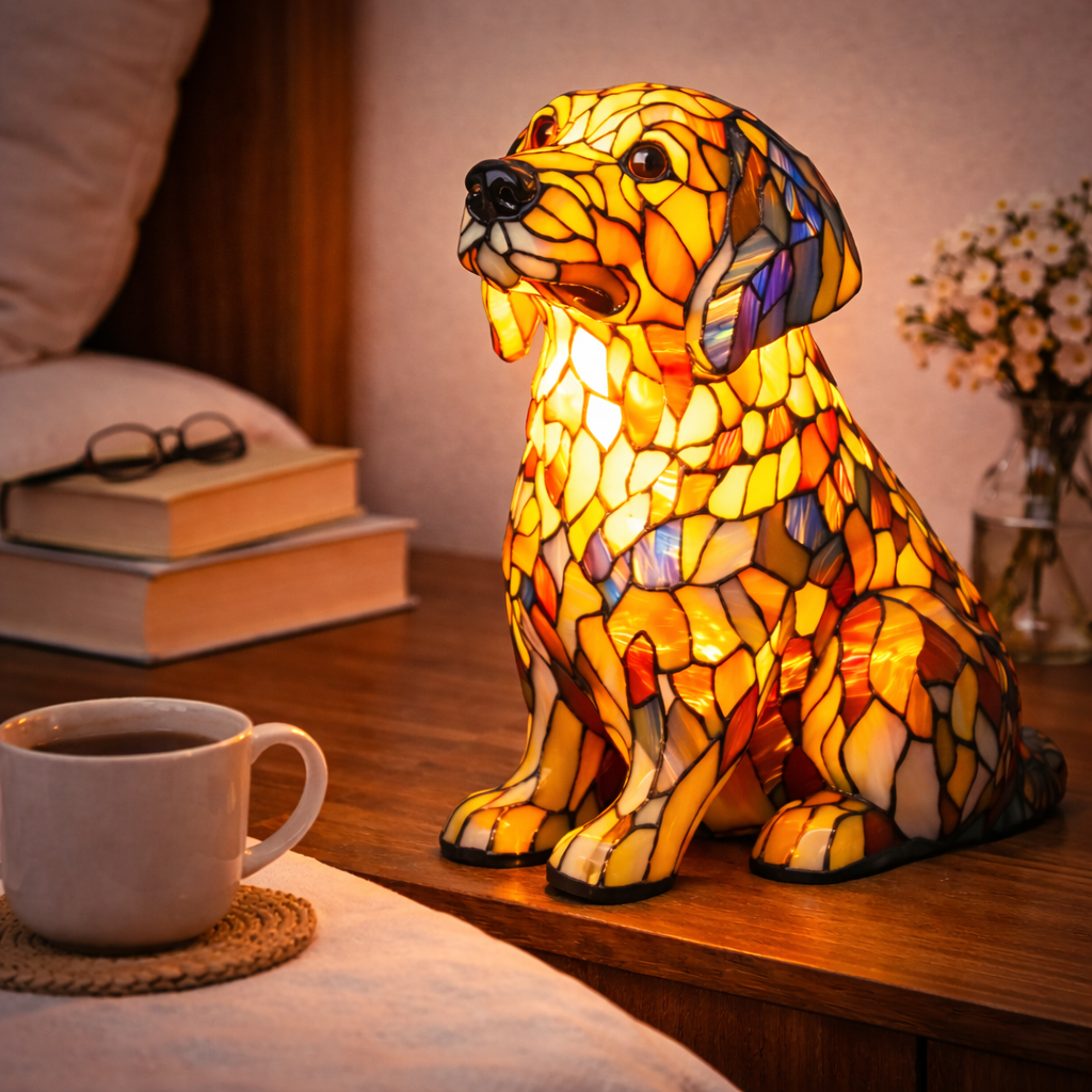 Lampa ve stylu vitráže se psem s LED nočním světlem do ložnice a na stůl