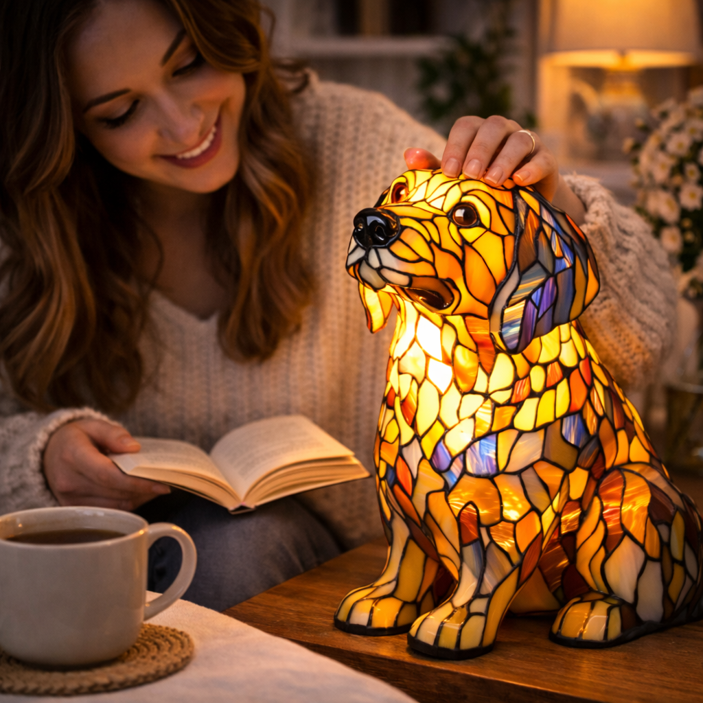 Candeeiro de Mesa em Vitral com Design de Cão e Luz Noturna LED para Quarto