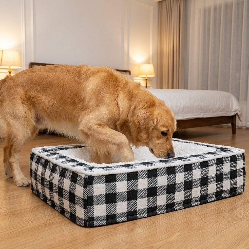 Tartan Check Dog Bed With Foam Core And Plush Interior, Machine Washable Cover | Rosalyssa