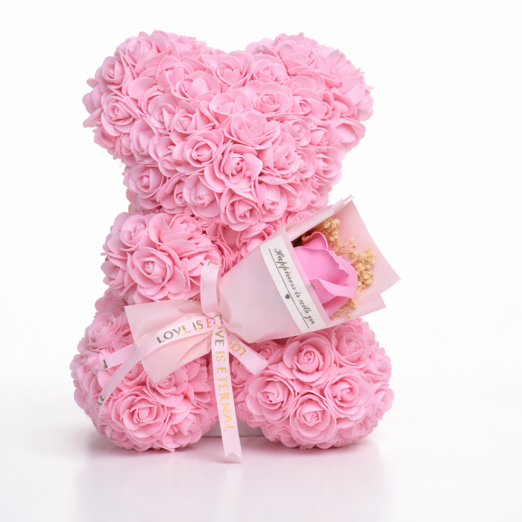 Dekorace na stůl Rose Bear s umělými růžemi pro valentýnský dárek a vystavení