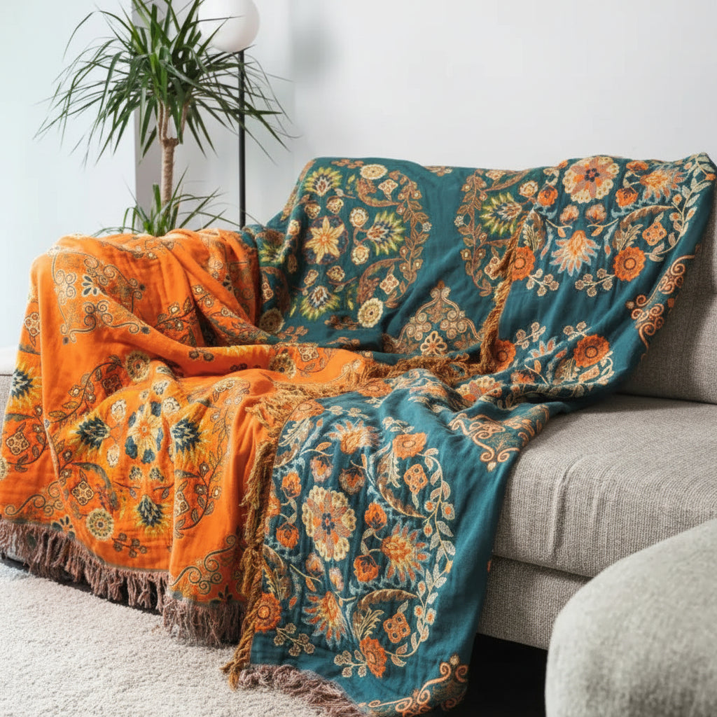 Floral Reversible Cotton Gauze Throw For Sofa And Bed Cover