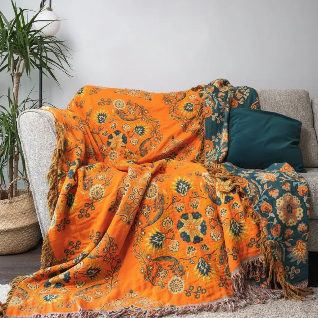 Floral Reversible Cotton Gauze Throw For Sofa And Bed Cover