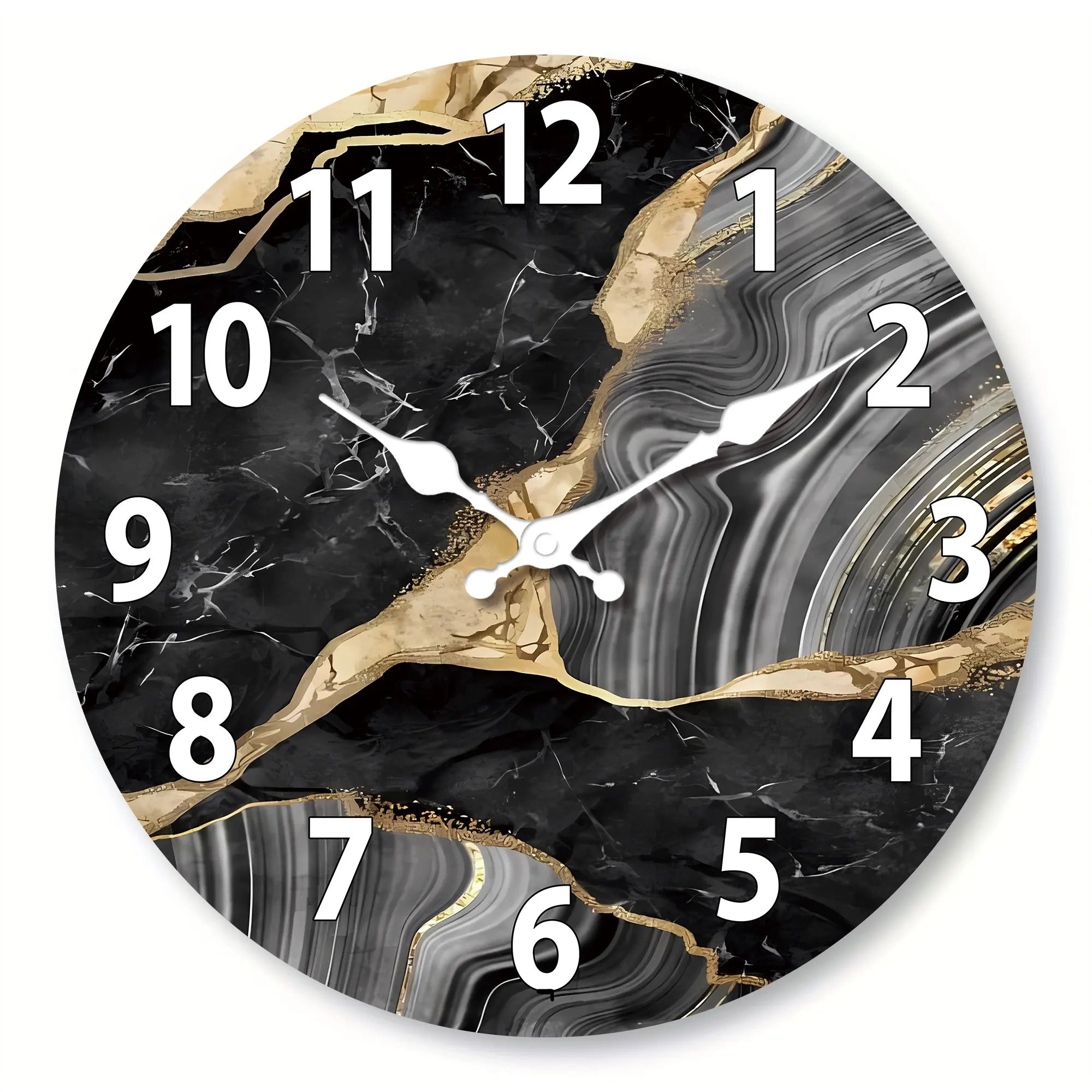 MarbellaTime Modern Round Wood Wall Clock With Marble Pattern, Silent
