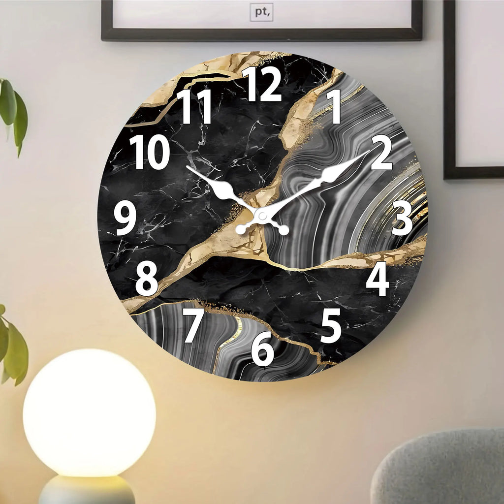 MarbellaTime Modern Round Wood Wall Clock With Marble Pattern, Silent