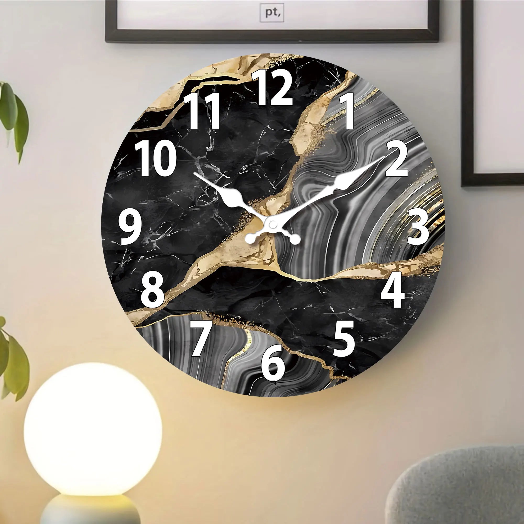 MarbellaTime Modern Round Wood Wall Clock With Marble Pattern, Silent
