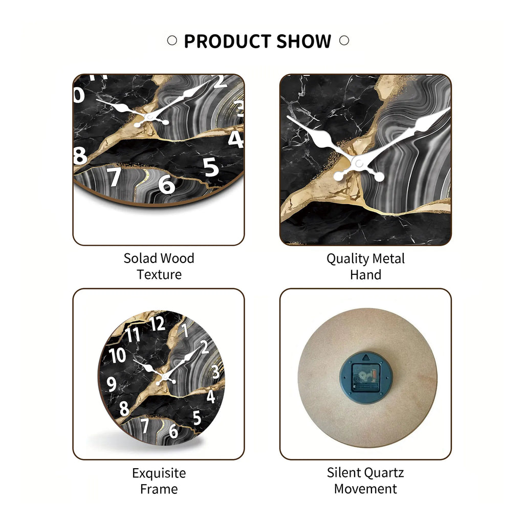 MarbellaTime Modern Round Wood Wall Clock With Marble Pattern, Silent