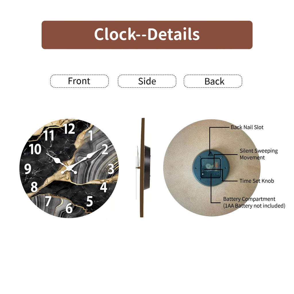 MarbellaTime Modern Round Wood Wall Clock With Marble Pattern, Silent