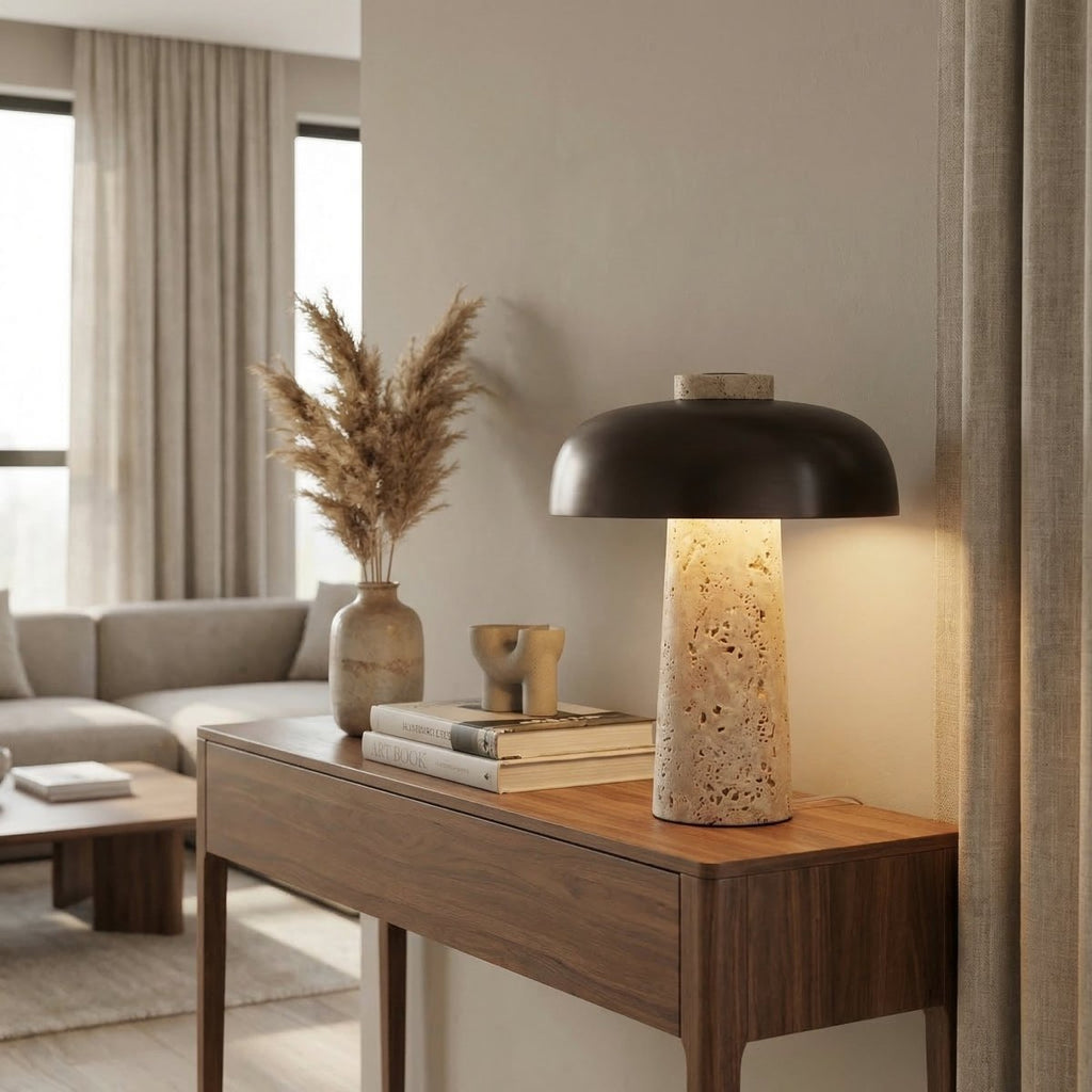 Travertine Mushroom Table Lamp With Modern Design, 15 Inches Tall | Rosalyssa