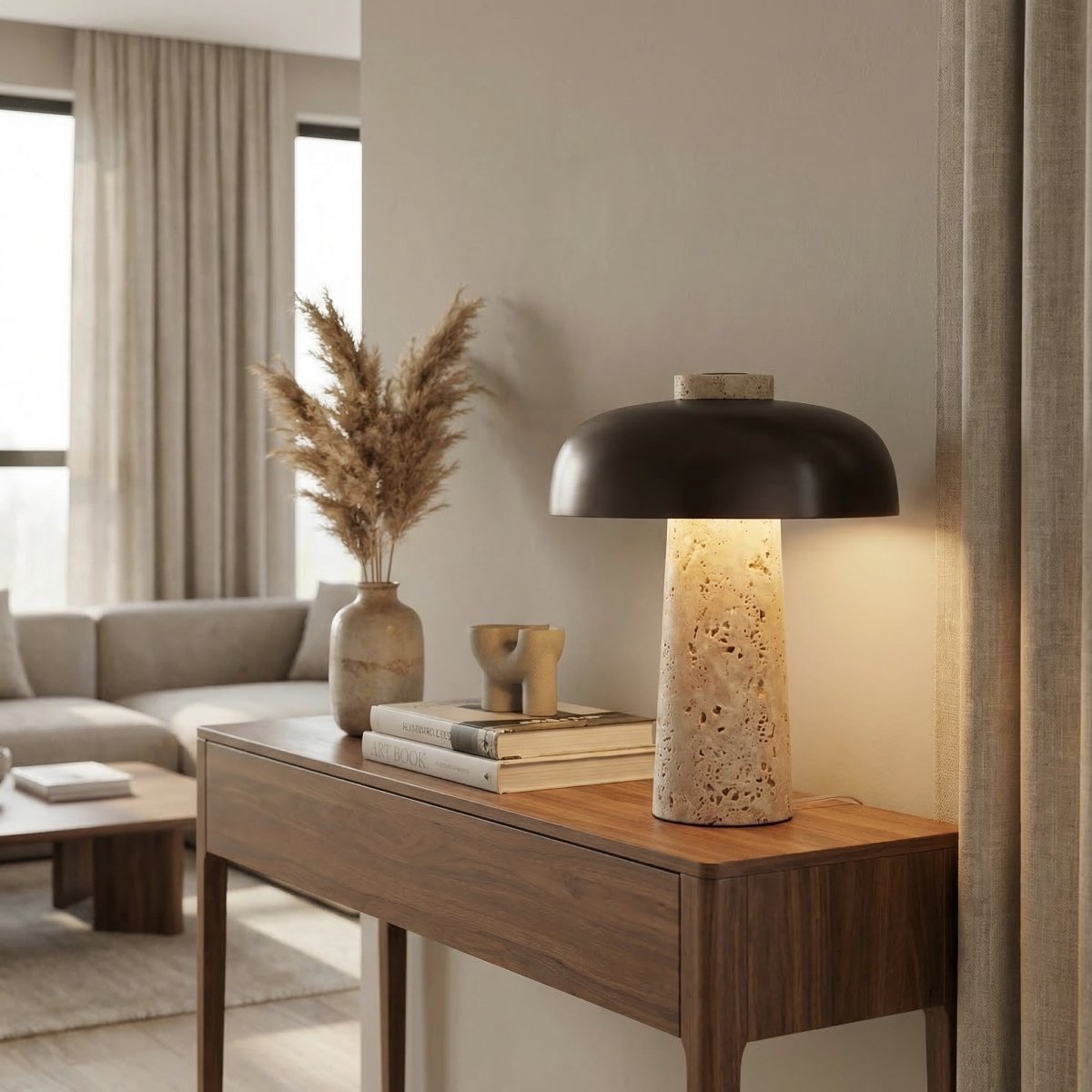 Travertine Mushroom Table Lamp With Modern Design, 15 Inches Tall | Rosalyssa