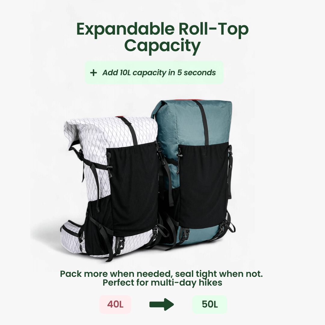 AeroTrail 50L Ultralight erweiterbarer Abenteuer-Rucksack mit Rolltop