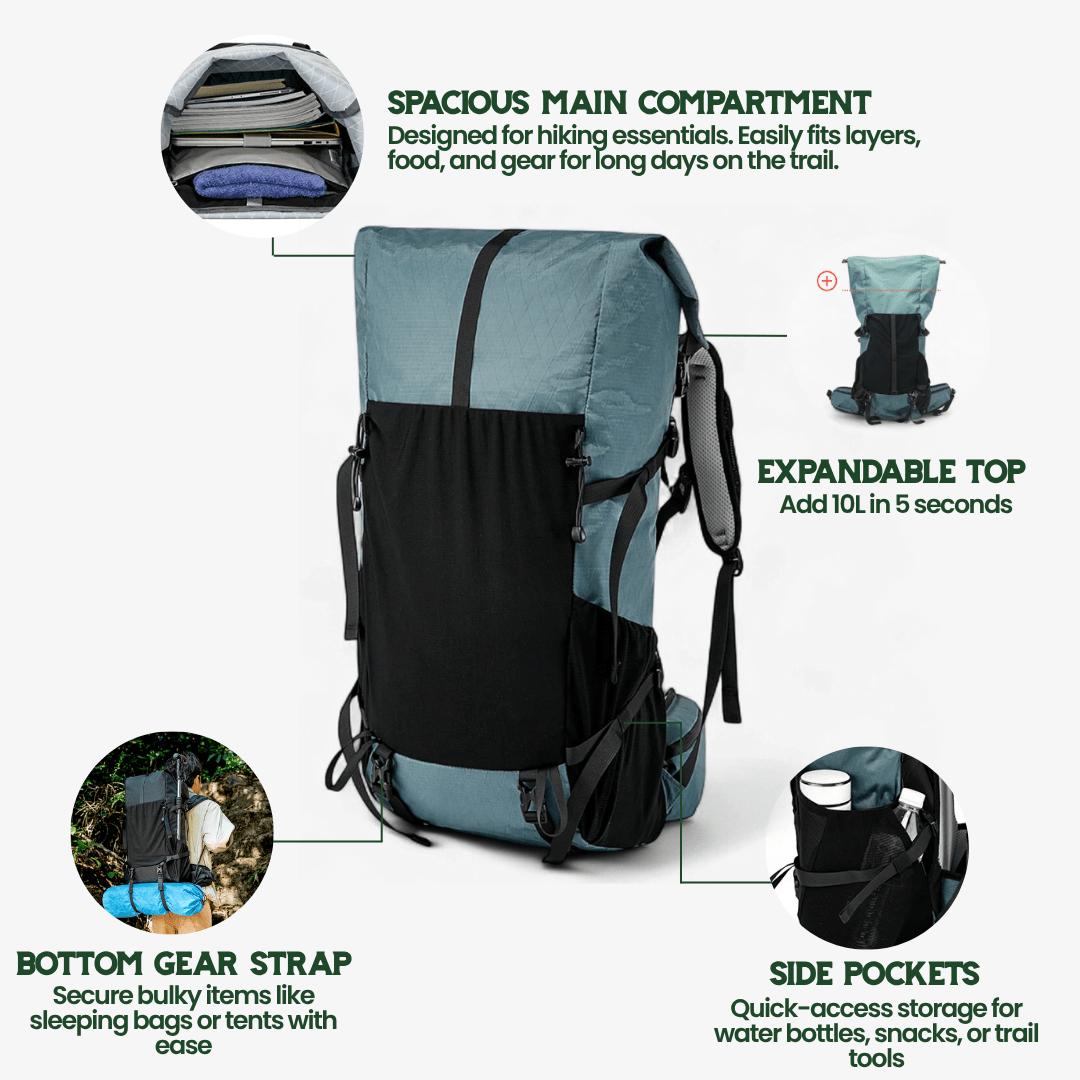 AeroTrail 50L Ultralight erweiterbarer Abenteuer-Rucksack mit Rolltop