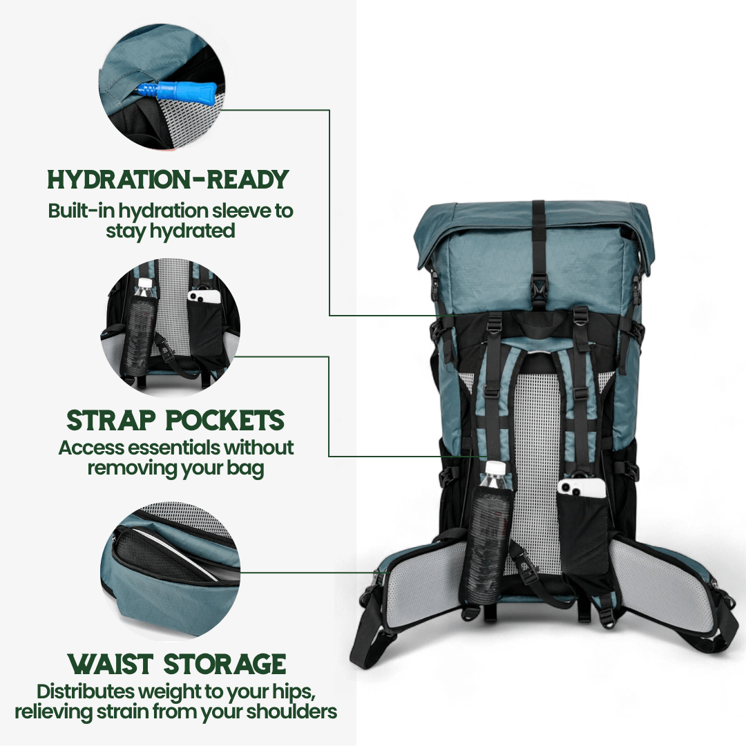 AeroTrail 50L Ultralight erweiterbarer Abenteuer-Rucksack mit Rolltop