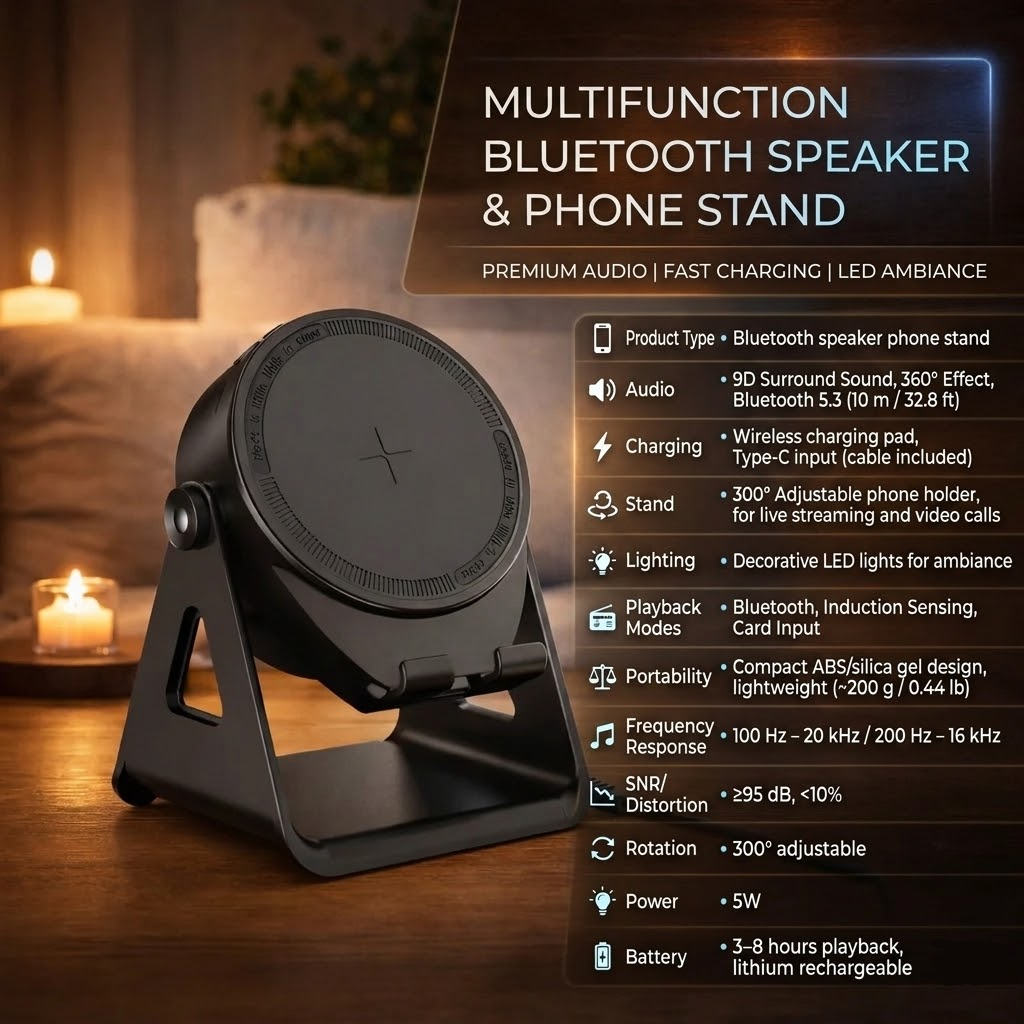 Kabelloses Ladegerät mit Bluetooth-Lautsprecher und induktivem Handyhalter