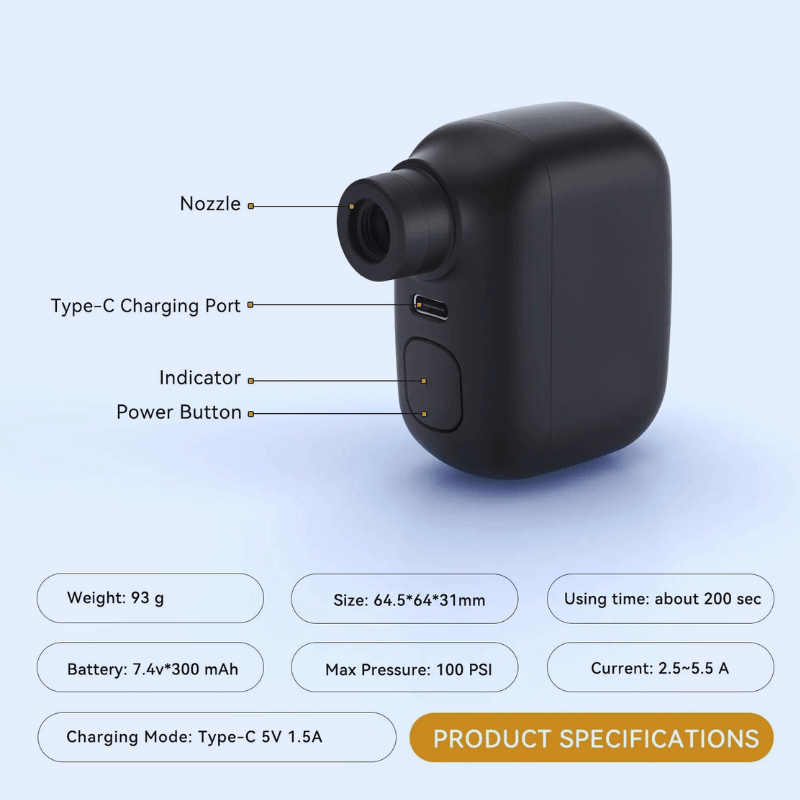 Dobíjecí mini přenosná pumpa na kolo s 100 PSI a USB-C