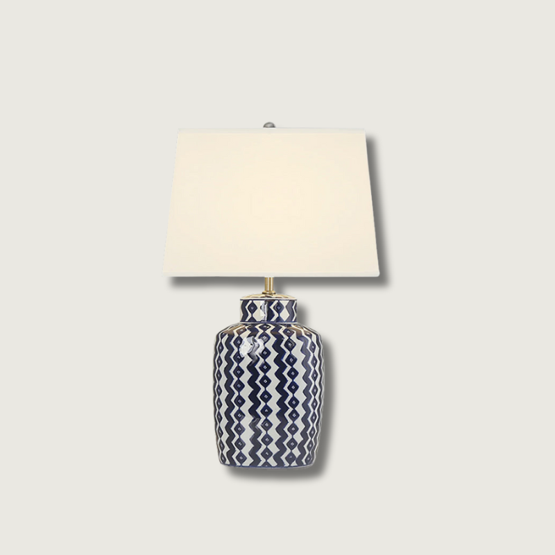 Astra blå og hvid porcelænsbordlampe med satin-nikkel finish