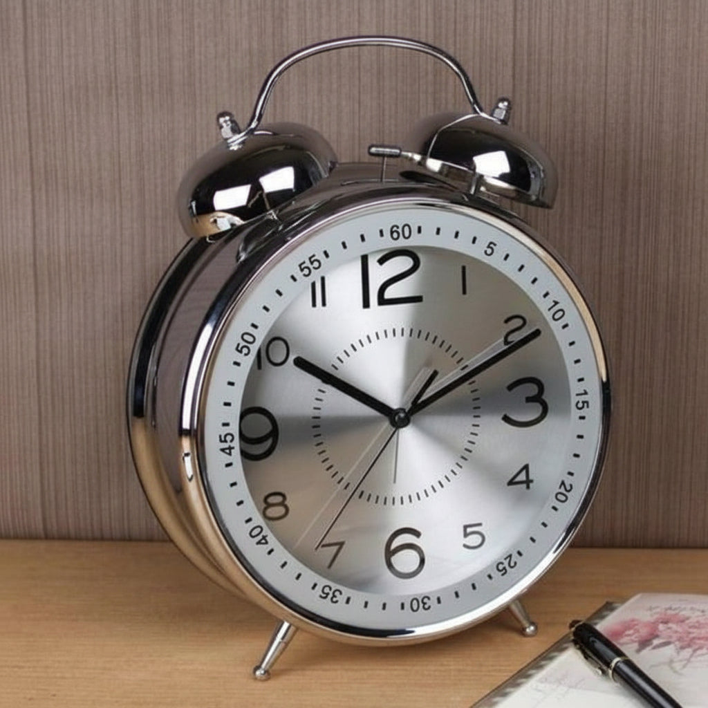 Vintage Metal Alarm Clock With Double Bell For Loud Wake Up On Nightstand